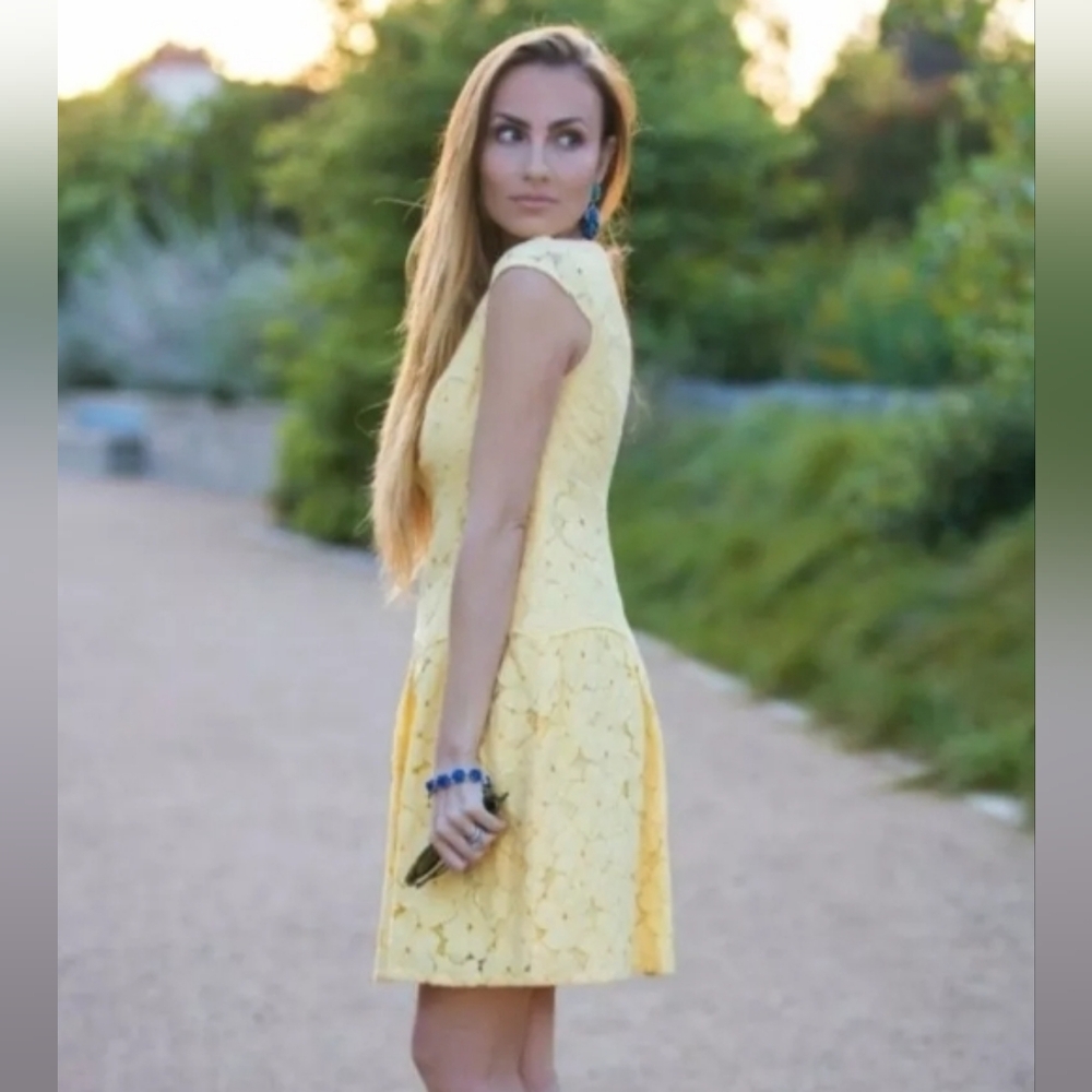 Adrianna Pampell Yellow Floral Drop Waist Shealth Dress Cap Sleeve Size 4